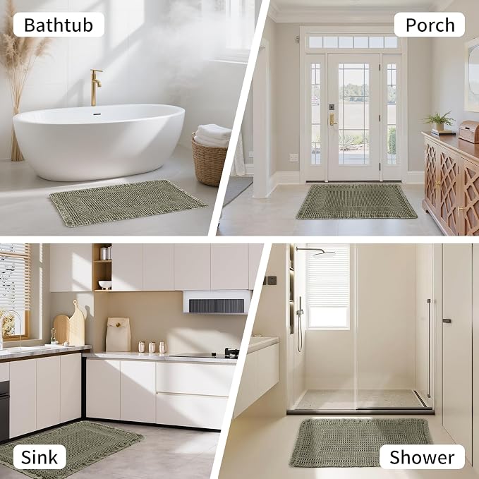 Waffle Bath Mat - Super Water Absorbing Bath Mat Quick Dry, Bathroom Rugs Non Slip Washable with Tassels, Rubber Backed Bathroom Mat for Bathroom Floor, Tub and Shower, 20" x 32", Olive Green