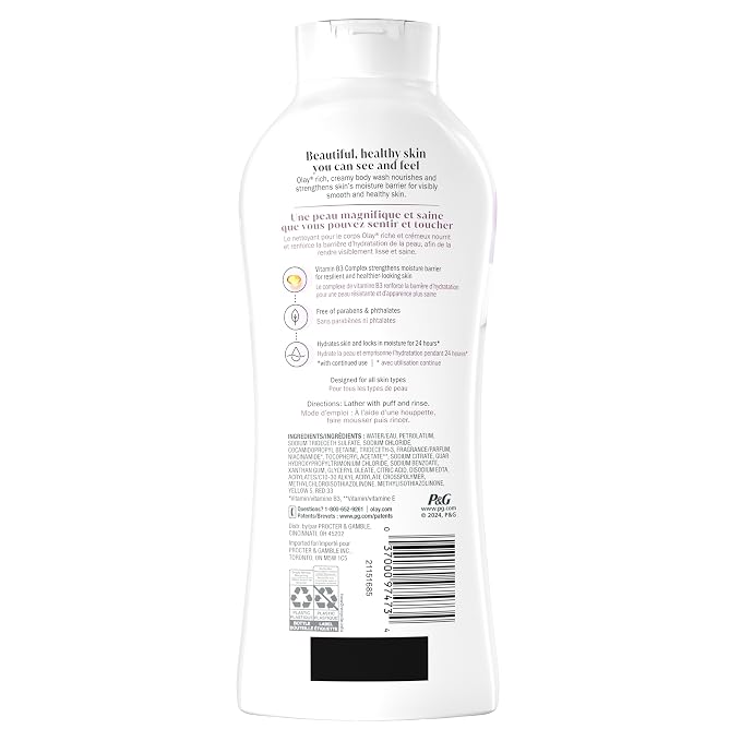 Olay Body Wash for Women,Age Defying with Vitamin E,24hr Moisturizing,Hydrating & Refreshing,B3 Vitamin Complex,Free of Parabens & Phthalates,for All Skin Types,Scented,22 fl oz,(Pack of 8)