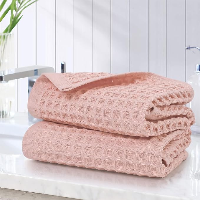 Jacquotha Waffle Hand Towels for Bathroom Decor (Pink) – 2-Piece Cotton Face Towels, Fast Drying & Absorbent, 13” x 29”