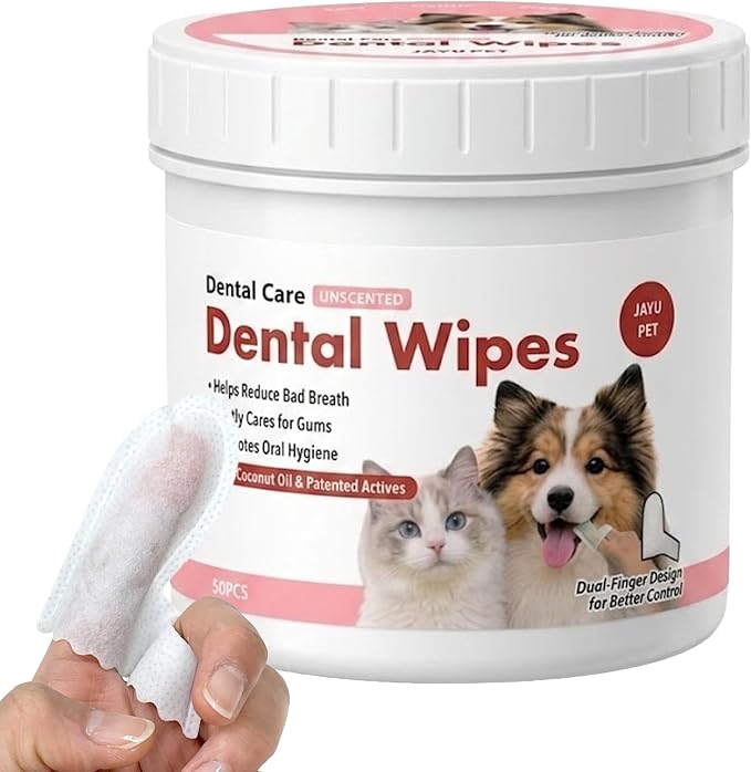 JAYU PET Unscented Dental Finger Wipes for Dogs and Cats, 50 Count | Dog Tooth Wipes, Pet Teeth Cleaning, No-Rinse, Dual-Finger Oral Care
