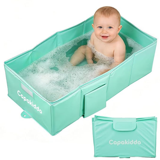 Collapsible Baby Bathtub, Portable Foldable Toddler Bath Tub with Drain Plug, Space-Saving & Easy to Clean, Suitable for 6M to 6Y,Green