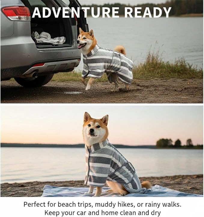 Cat Bathrobe Super Absorbent Drying Towel Full Wrap Quick Dry Pet Robe for Large Medium Small Dogs Adjustable Grooming Coat for After Bathing Swimming & Rainy Day (Gray & White Stripes,Large)
