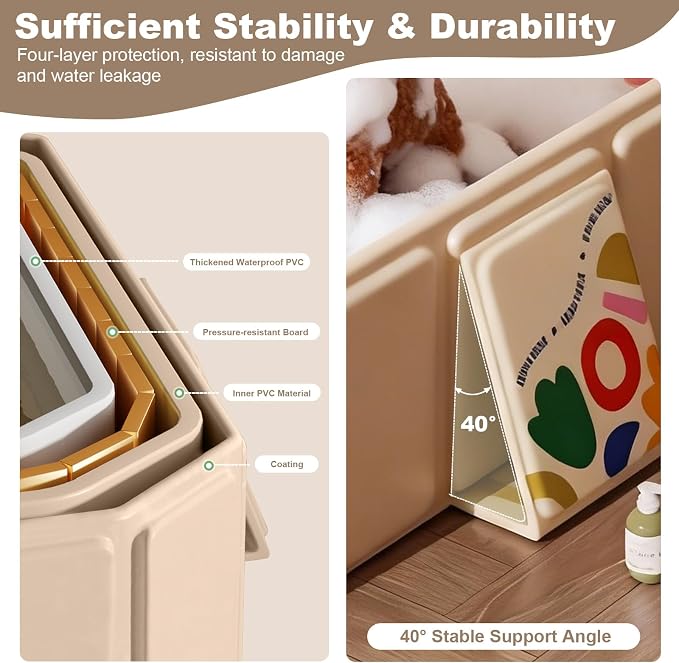 Foldable Dog Bathtub for Small to Medium Dogs & Cats, Collapsible Pet Bath Tub with Side Drain Plug, Portable Puppy Wash Tub, Rigid Panels, Fold-Flat for Carry & Storage