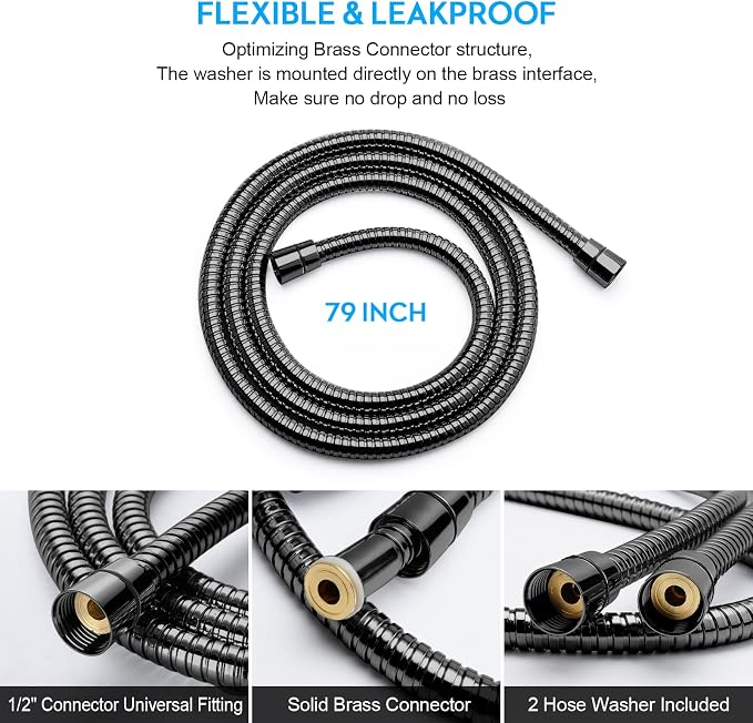 Blissland Shower Hose Extra Long 79 Inches Handheld Shower Head Hose with Brass Insert and Nut - Durable and Flexible(Matte Black)