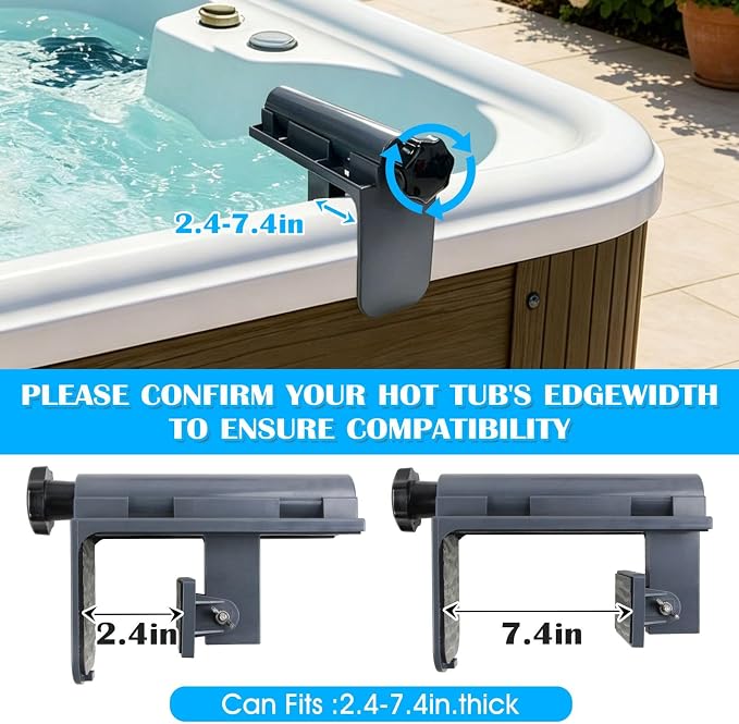 Hot Tub Table Tray with Adjustable Phone Holder, Nonslip Bathtub Table Tray, Between 2.4-7.4" Hot Tub Accessories for Adults with 2 Cup Holders, Clip-on Pool Side Table for Above Ground Bathtub (Gray)