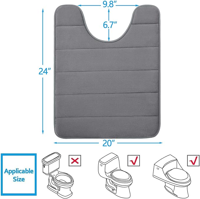 Buganda Memory Foam U-Shaped Contour Toilet Rugs, Absorbent, Thick Soft Washable Bathroom Mat, Floor Carpet Bath Rugs Mat for Toilet Base (24" x 20", Grey)