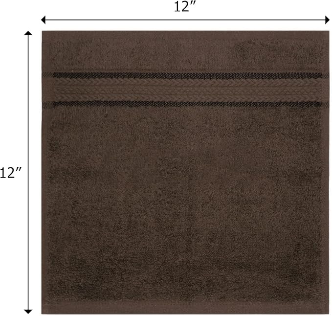 Cotton Craft - 12 Pack - Ultra Soft Extra Large Wash Cloths 12x12 Chocolate - 100% Pure Ringspun Cotton - Luxurious Rayon trim - Ideal for Daily Use - Each Towel Weighs 2 Ounces