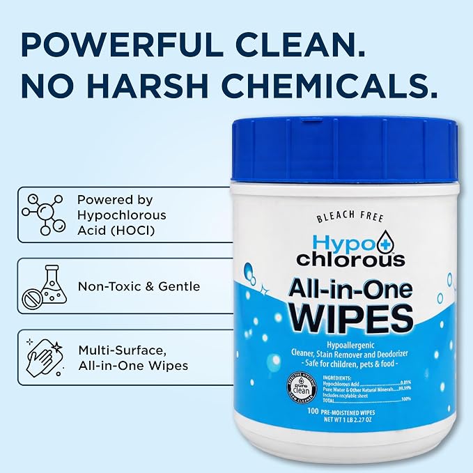 Hypochlorous Acid Wipes (2-Pack) – 200 Count Non-Toxic Cleaner for Skin, Baby, Pet, Home & Gym – Bleach-Free