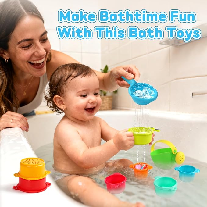 Toddler Bath Toys for Kids Ages 1-3 Baby Bath Toys Beach Sand Pool Water Table Toys Mold Free Bathtub Toys for 12+ Months Stacking Cups Showerhead Spoon for 1 2 3 4 5 6 Years Old Girls Boys Gifts 9PCS