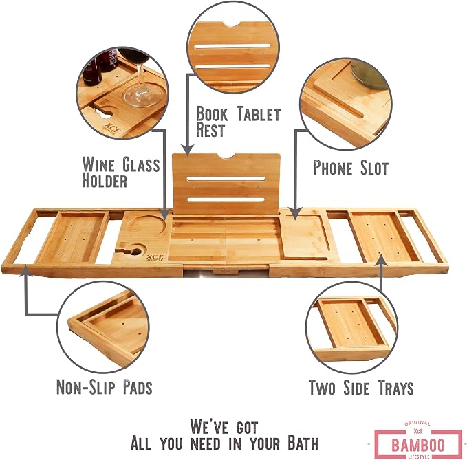 XcE Foldable Bamboo Bathtub Caddy Tray - Expandable to 41 Inches with Non-Slip Pads & Book Stand for Couples Luxury Bath