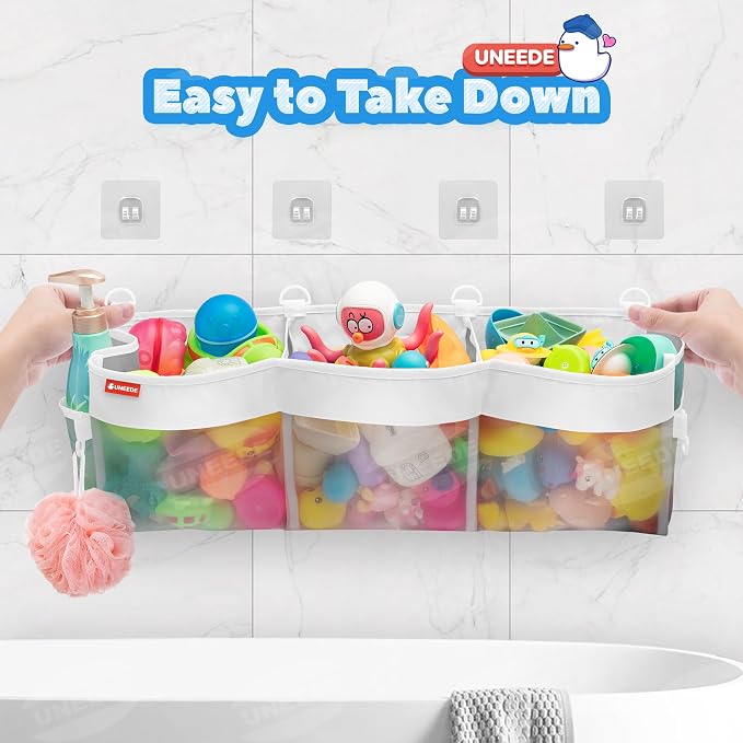 UNEEDE 4.95 Gallons 3 Compartment Horizontal Bath Toy Storage,Bathtub Toy Storage Organizer,Bath Toy Holder For Bathtub,Baby Bath Toy Organizer For Tub,Mesh Shower Caddy(Gray)