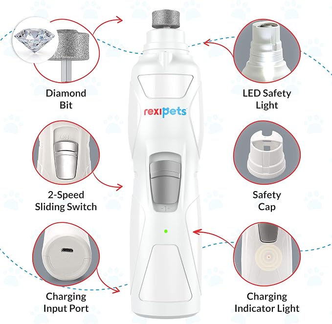 REXIPETS Cat and Dog Nail Grinder - Rechargeable Electric Pet Nail Clipper & Trimmer- Painless Paws Grooming - Quiet 2-Speed Motor. 3 Size Ports for Small, Medium, Large Pets- Up to 4 Hours of Charge