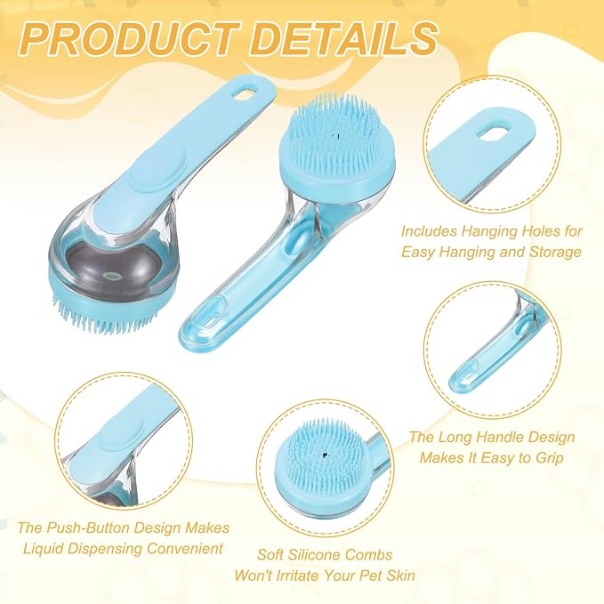 Pet Bath Brush, Dog Shampoo Brush New 2 in 1 Grooming Massage Scrubber Bubble Maker with Ring Built-in Shampoo Dispenser(2Pcs,Fine Bristled,Blue), for Long Short Hair Cats Shower