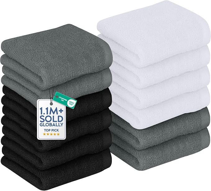 DAN RIVER 12 Pack Wash Cloths for Showering [12x12] - 100% Cotton Washcloths Premium Quality Flannel Face Cloths for Bathroom, Highly Absorbent and Soft Feel Wash Clothes, Black, Grey & White
