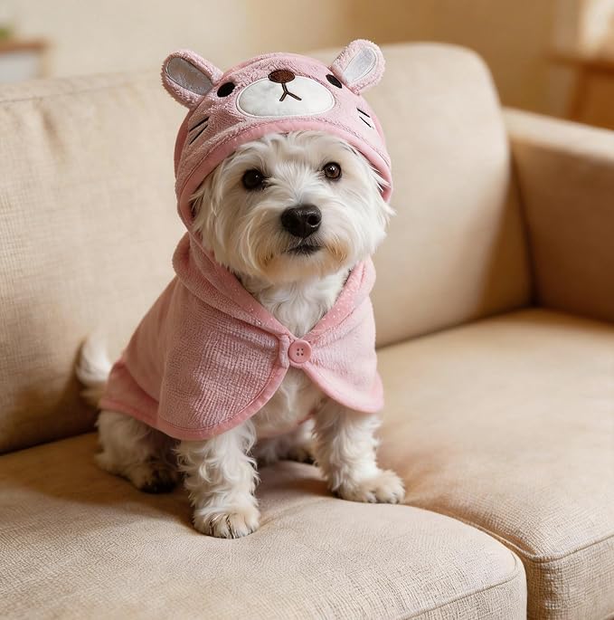 Dog Hooded Bathrobe Towel Fast Drying Absorbent Bath Warm Blanket | Pink M