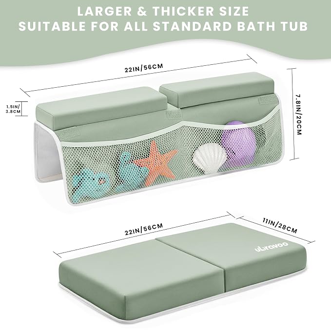 UBRAVOO Baby Bath Kneeler with Elbow Rest Pad, Non-Slip Foam Mat, Quick-Drying Cushion, Foldable Bathtub Support with Toy Storage Pockets for Parents (Green)