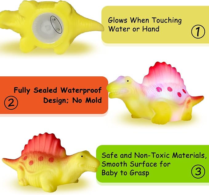 Light Up Bath Toys,6 Packs Floating Dinosaur Bathtub Toys for Toddlers,No Hole Baby Bath Toys for Kids,Great Birthday Christmas Easter for Boy and Girl Preschool