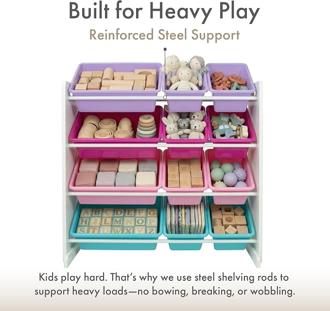 Humble Crew Toy Storage Organizer with 12 Removable Storage Bins for Kids Playroom, 4-Tier Toddler Toy Organization, White/Pink/Purple/Turquoise