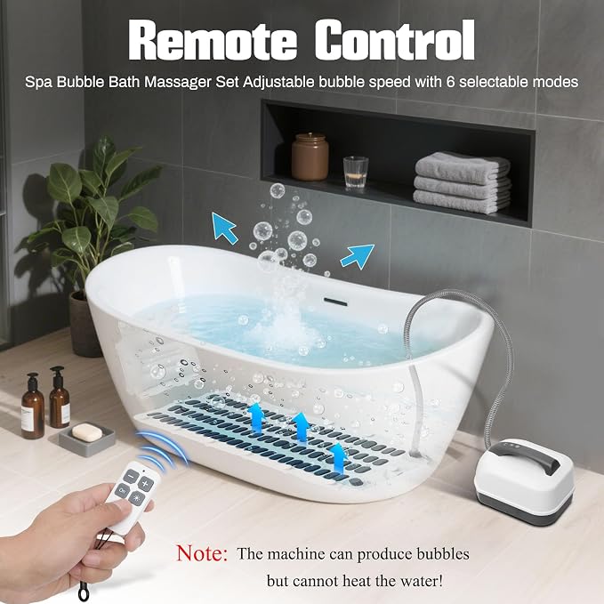 Iridesc Portable Spa Bubble Bath Massager, Bath Jets for tub with Remote Control, 6-Speed Adjustable, Bath Massager for tub with Powerful Suction Cup, Pillow, Bathtub Spa Mat for Body Relaxation
