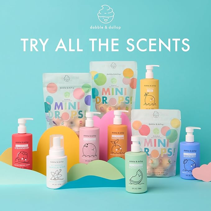 Dabble & Dollop Tropical Mini Bath Bombs & Vanilla Shampoo, Body Wash and Bubble Bath for Kids - All Natural, Resealable Pouch, Foaming Whip, Vegan, Gluten-Free, Cruelty-Free (Pack of 2)