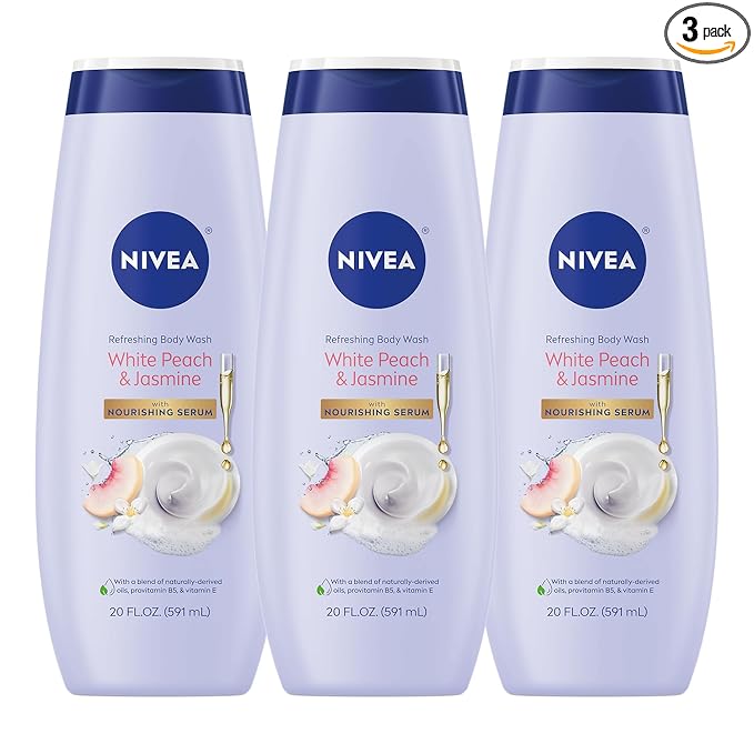 NIVEA Refreshing White Peach and Jasmine Body Wash with Nourishing Serum, Scented Body Wash for Women, Enriched with Provitamin B5 and Vitamin E, 20 Fl Oz Bottle, 3 Pack