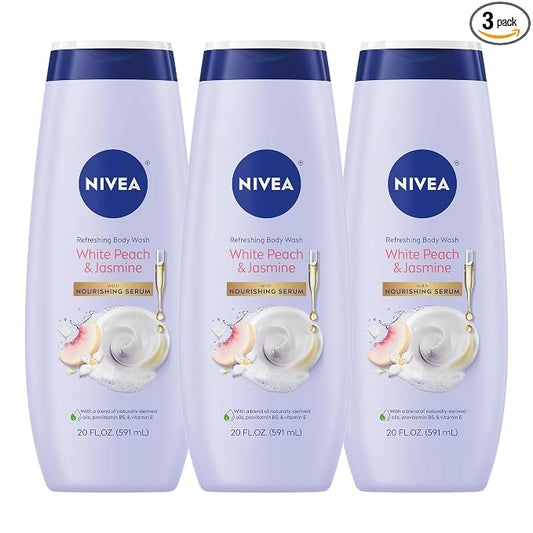NIVEA Refreshing White Peach and Jasmine Body Wash with Nourishing Serum, Scented Body Wash for Women, Enriched with Provitamin B5 and Vitamin E, 20 Fl Oz Bottle, 3 Pack