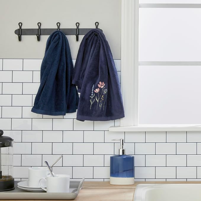 SKL Home Wildflower Field 100% Cotton Embroidered 2pc Hand Towel Set, Decorative for Bath/Kitchen/Bar & Gift, Navy