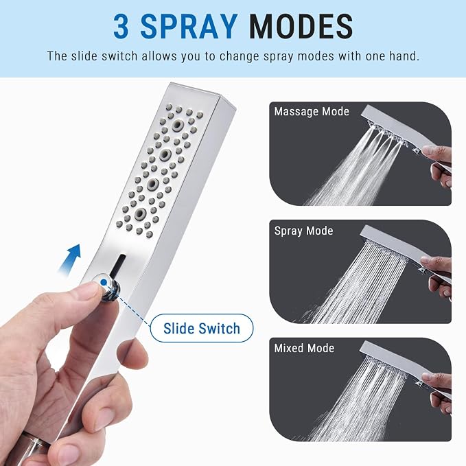 G-Promise All Metal 3 Function Handheld Shower Head Build-in Massage Mode, with 70 Inch Stainless Steel Shower Hose Extra Long and Dual Purpose Hand Held Holder, Slide Adjustment Mode, Chrome