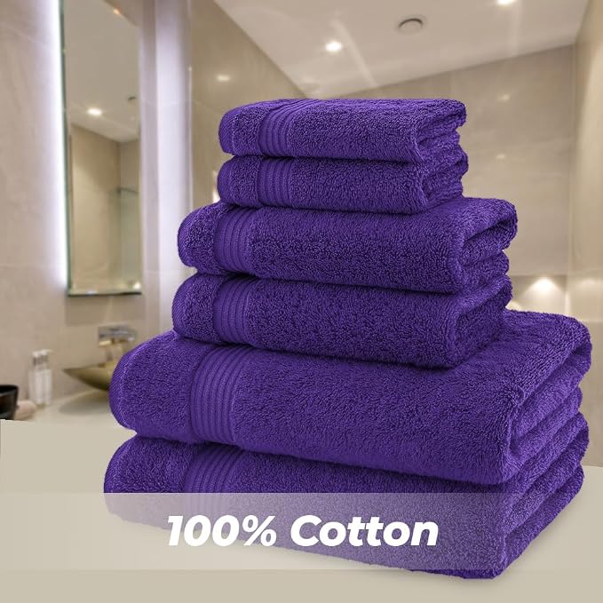 American Bath Towels 100% Cotton 6 Piece Turkish Towel Set, Ultra Soft Absorbent Bathroom Towels, 2 Bath Towel 2 Hand Towels 2 Washcloths, Purple