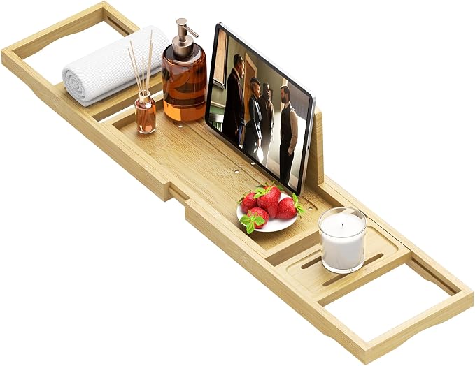Premium Bathtub Tray - Expandable Bamboo Wooden Bath Trays for Bathub - Bath Tub Table Tray for Bathtub/Tub,Adjustable Size, Fits Most Tubs