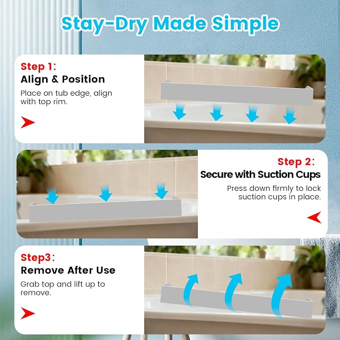Bathtub Splash Guard with Suction Cups, Silicone Bathtub Guard with Non-Slip Ridges, Bathtub Edge Guard for Kids, Elderly, Pets(Grey)