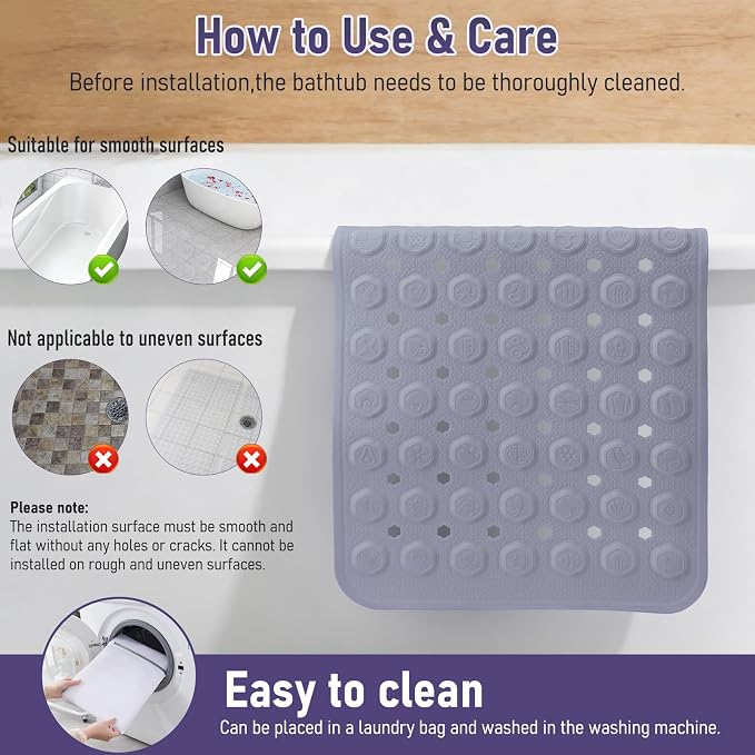 Silicone Non-Slip Bath Mat for Tub & Shower, 35x16 Inch - Acupressure Grip, Quick-Dry with Suction Cups & Drain Holes, Safe for Kids & Elderly, Machine Washable (Purple)