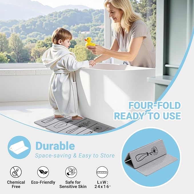 Foldable Stone Bath Mat - 24x16 Inch, Super Absorbent Diatomaceous Earth Large Gray and Black Floral Modern Stone Bath Mats for Bathroom Decor Quick Dry Non-Slip Shower & Bathtub & Drying Mat