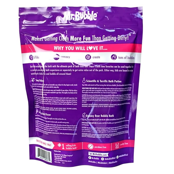 Mr. Bubble Ultimate Pack of Bath Time Fun 4 Favorites, Bath Potion, Bath Bomb, Soap Stickers, Bubble Bath (Pack of 2)