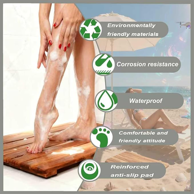 28in×39in,Large Teak Wood Shower Mat, Natural Wooden Bathroom Floor Mat, Spa-Style Fast-Drying Bathtub Tray, Easy to Clean, Suitable for Indoor or Outdoor Use