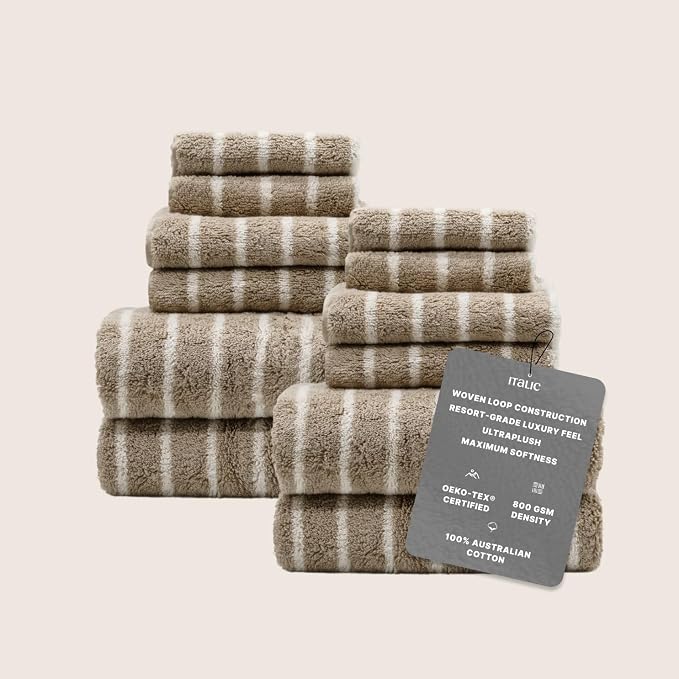 Italic Ultraplush 12-Piece Family Towel Set – Luxury Bath Towels, Hand Towels & Washcloths – Plush, Quick Dry, 800GSM 100% Australian Cotton for Bathroom & Spa - White & Blue (Tan & Ecru)