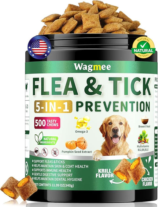 Flea & Tick Prevention for Dogs Chews – 500 Tasty Chicken Flavor Soft Chews, with Pumpkin Seed Extract, Fish Oil, and Vitamins for Dogs, Puppies, All Breeds & Ages.