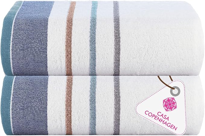 CASA COPENHAGEN White Bay 2Pcs 100% Egyptian Cotton Large Designer Bathsheet Towels Gift Set- Grey - Denim, 600GSM, 35"x70" 2Bath Sheet Towels for Bathroom (Gift Set for Women & Men)