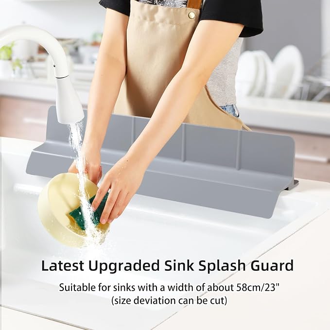 23" Ultra Silicone Sink Splash Guard Released in 2026,Self-Draining Water Splash Guard for Kitchen Sink,Bathroom and Island,with 3.5" High Splash Guard & 7 Strong Suction Cup (Grey)