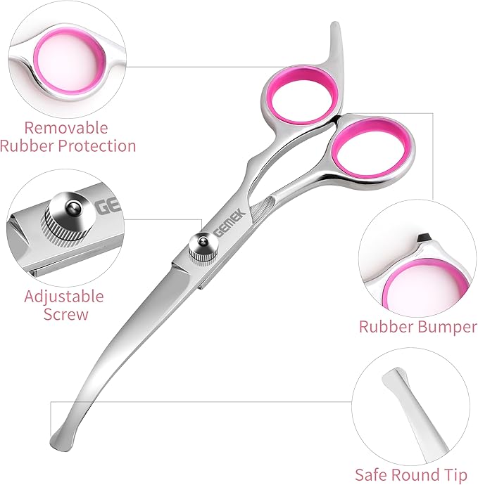 Dog Grooming Scissors with Safety Round Tips Stainless Steel Professional Dog Grooming Kit - Thinning, Curved Scissors and Comb for Cat Pet (Pink 4 in 1)