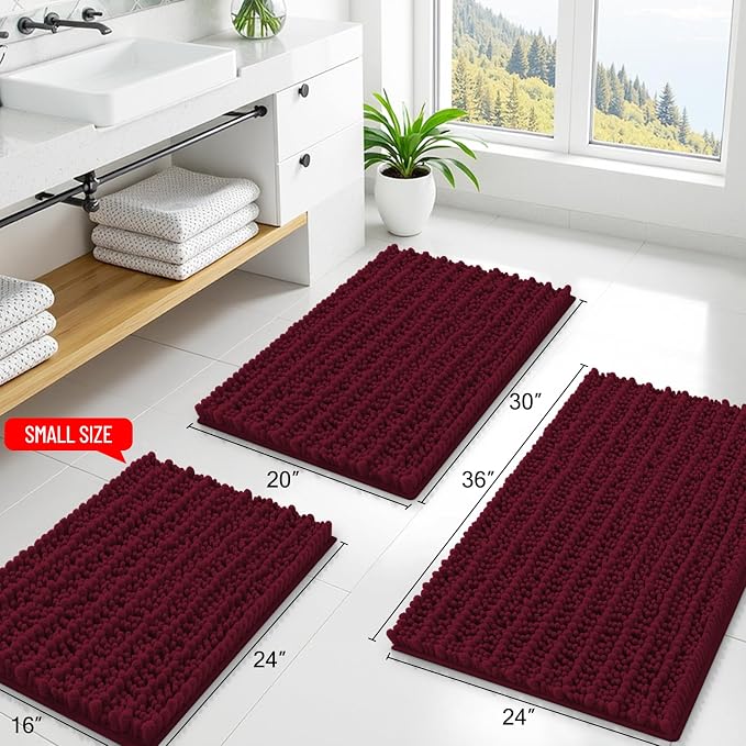 Smiry Bathroom Rugs Mat 47x20, Extra Soft Absorbent Chenille Bath Rugs, Non Slip Rubber Backing Machine Washable Quick Dry Bath Mats for Bathroom Floor, Tub, Shower, Home Decor Accessories, Burgundy