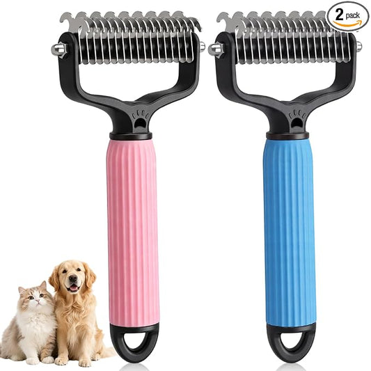 2PCS Double Sided Dematting Comb for Cats & Dogs, Undercoat Rake, Pet Grooming Brush for Long Hair, Deshedding Dog Brush Removes Tangles Knots and Loose Fur, Grooming Tool for Thick Coats(Blue+Pink)