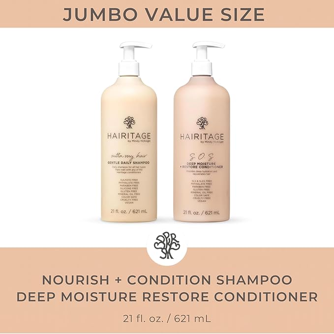 Hairitage Gentle Daily Moisture Shampoo and Conditioner Set - Split End + Bond Strengthening for Dry, Damaged Hair with Jojoba Oil - Anti-Frizz and Color Safe - Cherry + Amber Scent (21oz. 2-pack)