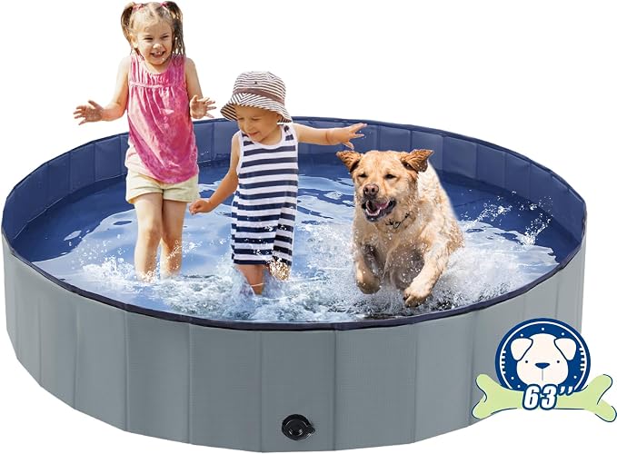 Eooqi Foldable Dog Pool, Portable Pet Bath Tub and Kiddie Swimming Pool, Collapsible Bathtub for Puppies, Small, Medium and Large Dogs, Cats and Kids, 63 x 12 in, Gray