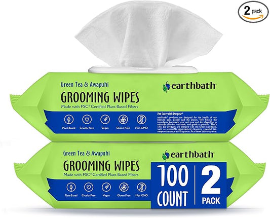 earthbath, Green Tea & Awapuhi Grooming Wipes - Dog Wipes for Paws and Butt, Best Pet Wipes for Dogs & Cats, Made in USA, Cruelty-Free Dog Cleaning Wipes, Removes Dirt & Dander - 100 Count (2 Pack)