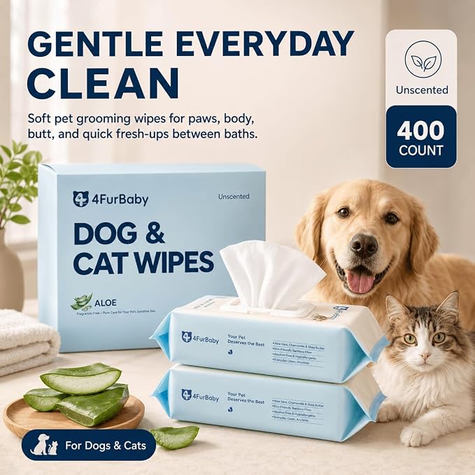 8" x 8" Dog Wipes for Paws and Butt, Unscented, 400 Count | Hypoallergenic and hydrating pet grooming wipes for dogs, cats, and daily care.