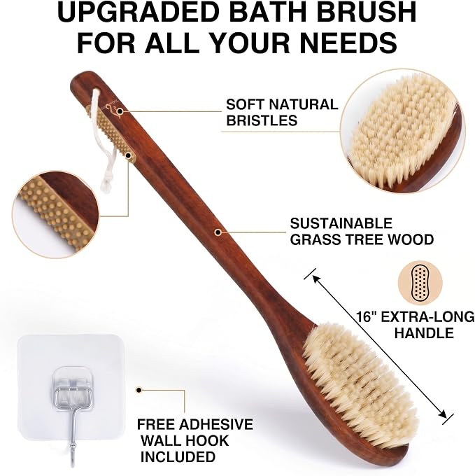 Wooden Bath Brush with Gentle Bristles Long Handle for Shower Back Scrubber Body Exfoliator (Gental Boar Bristle)
