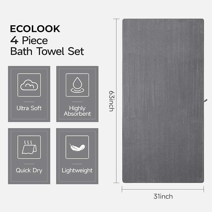 ecolook 4 Pack Microfiber Bath Towels, 31 x 63 inches Extra Large Bath Towel Set, Super Soft Highly Absorbent Bath Towels Set of 4, Quick Dry Lightweight Bathroom Towels for Spa, Pool, Gym, Dark Gray
