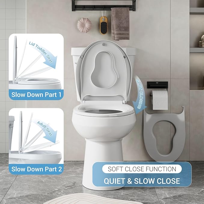 Round Toilet Seat with Toddler Seat, PP Locking Hinge Potty Training Toilet Seat Cover for Kids & Adults, White Detachable Child Toilet Seat for Family Bathroom