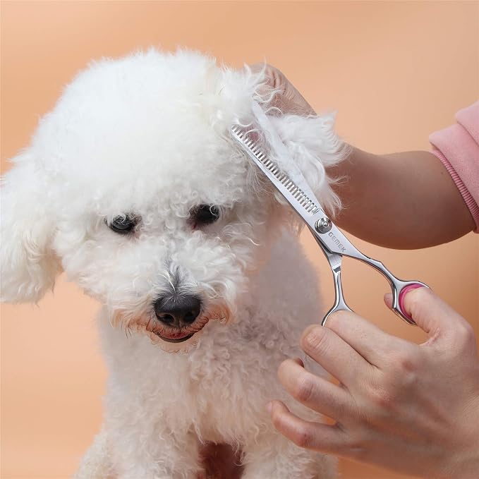 Dog Grooming Scissors Set, 4CR Stainless Steel Safety Round Tip Pet Professional Grooming Tool 5 Pieces Kit - Straight, Curved, Thinning Shears & Comb for Dogs, Cats and Other Animals